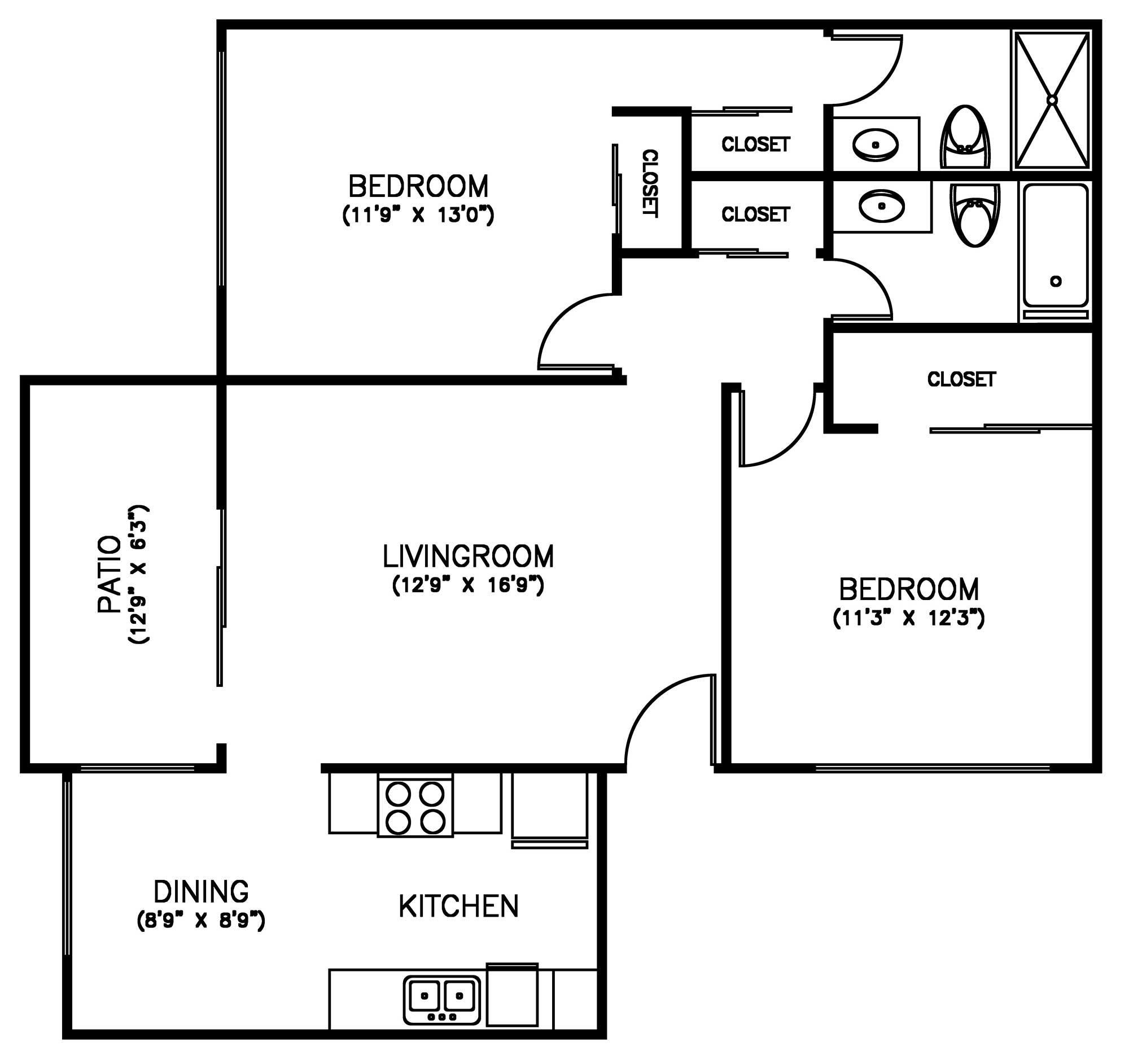 2 Bedroom 2 Bath Floorplan