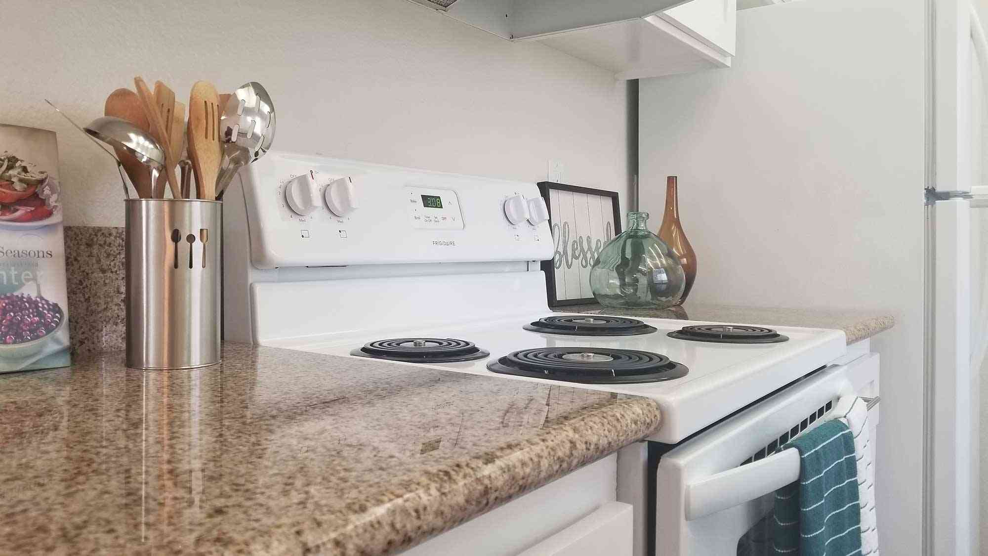 close up kitchen countertop and stovetop