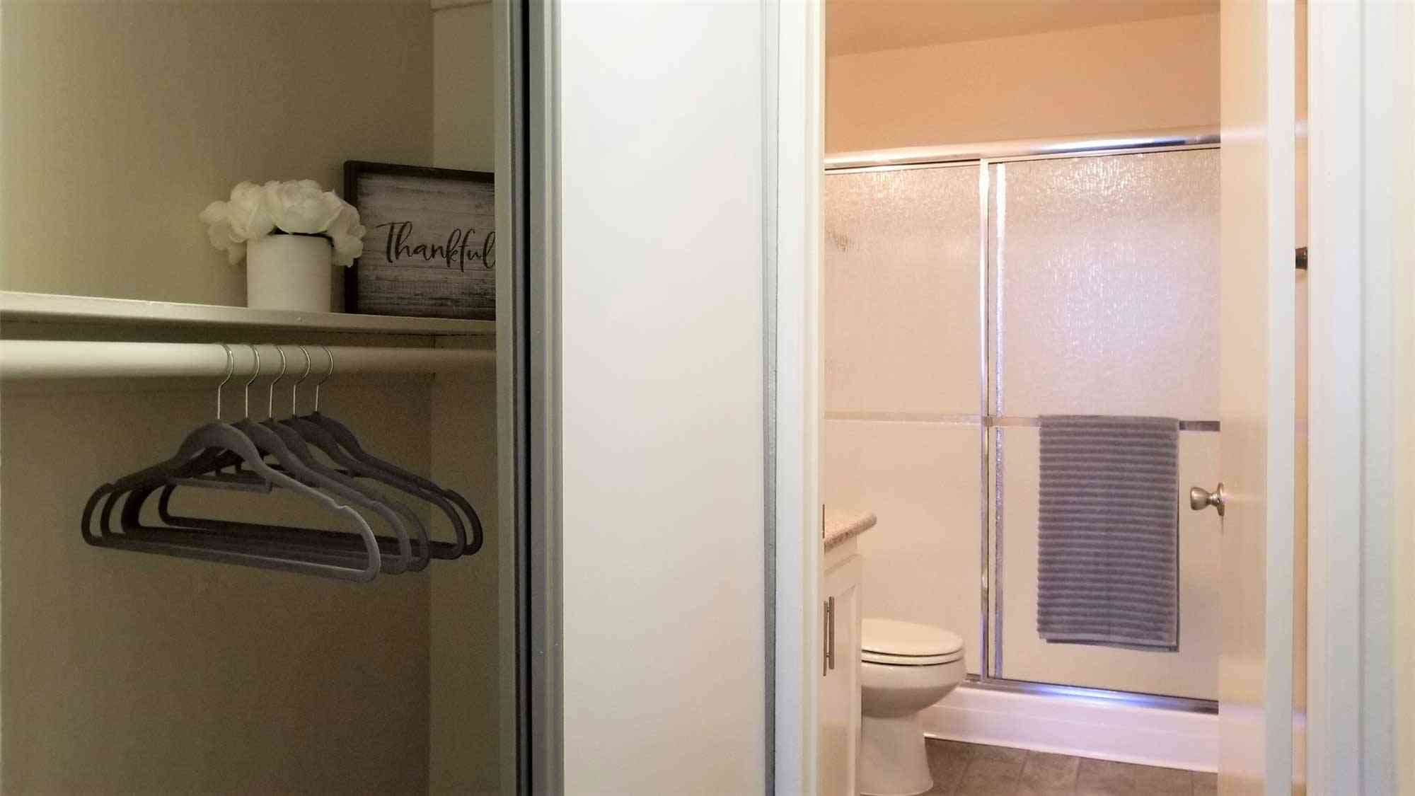 closet shelving overlooking modern bathroom