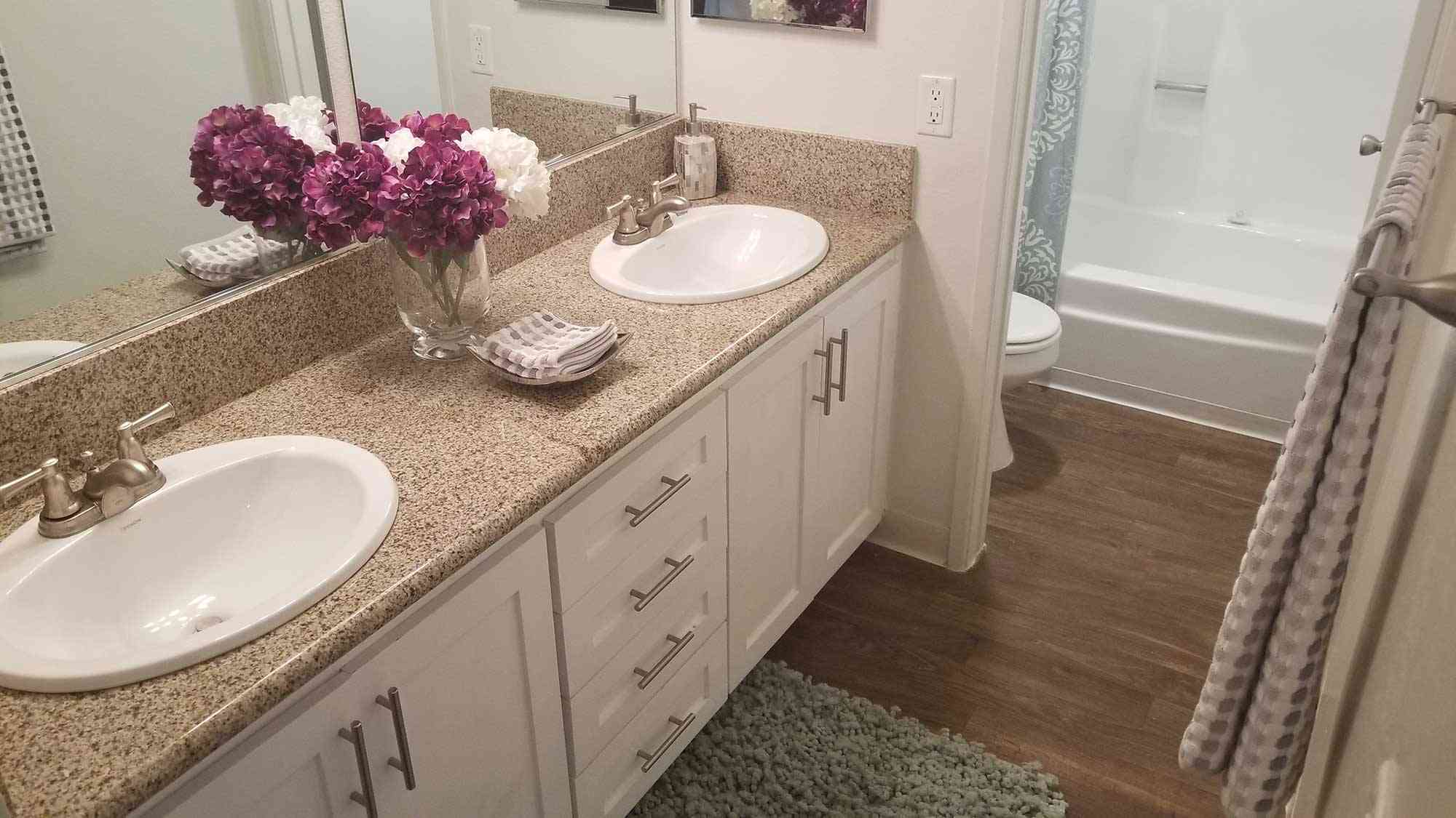 spacious double sink vanity with white cabinets
